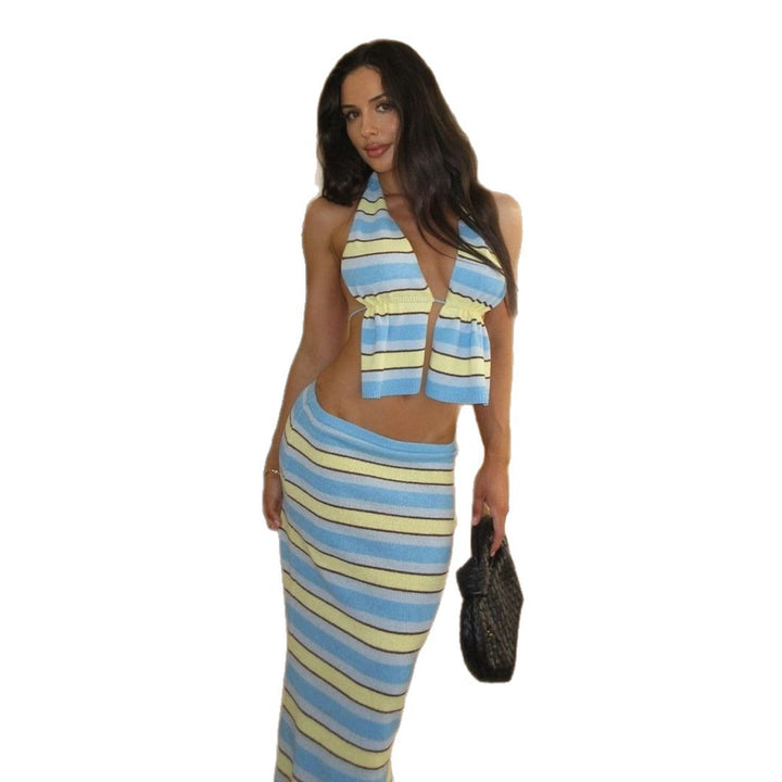 Dame trendy strikket outfit med bandeau og lang nederdel Skovae
