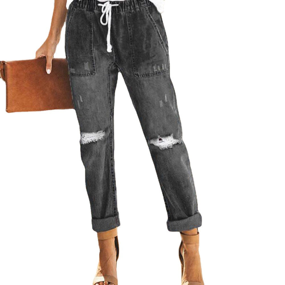 Dame Destroyed Jeans med elastisk talje og afslappet snit Stilla