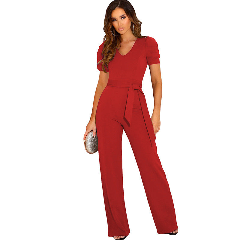 Dame jumpsuit med elegant V-udskæring og taljebælte Stilla