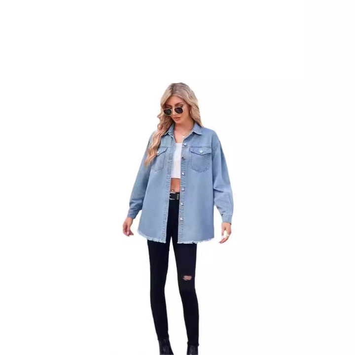 Damer Denim skjortejakke med frynset kanter og dekorative brystlommer Stilla