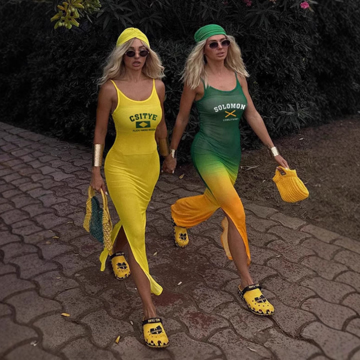 Dame Langt Sommerkjole i gennemsigtigt stof med Ombre-effekt og fine Spaghetti-stropper Stilla