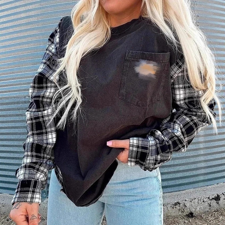 Dame nan oversize sweatshirt i materialemix med ternede ærmer og påsyet brystlomme Skovae