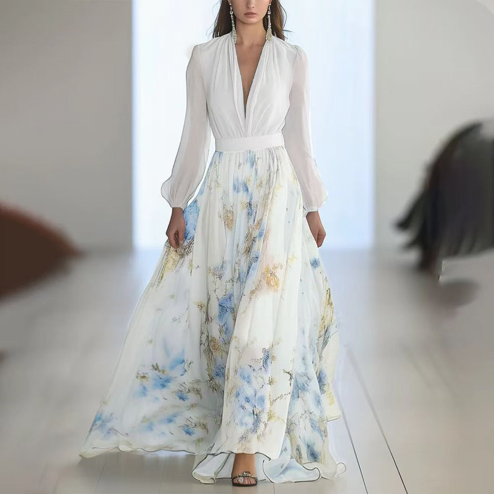 Dame Elegant Maxikjole med blomsterprint og dyb V-udskæring Stilla