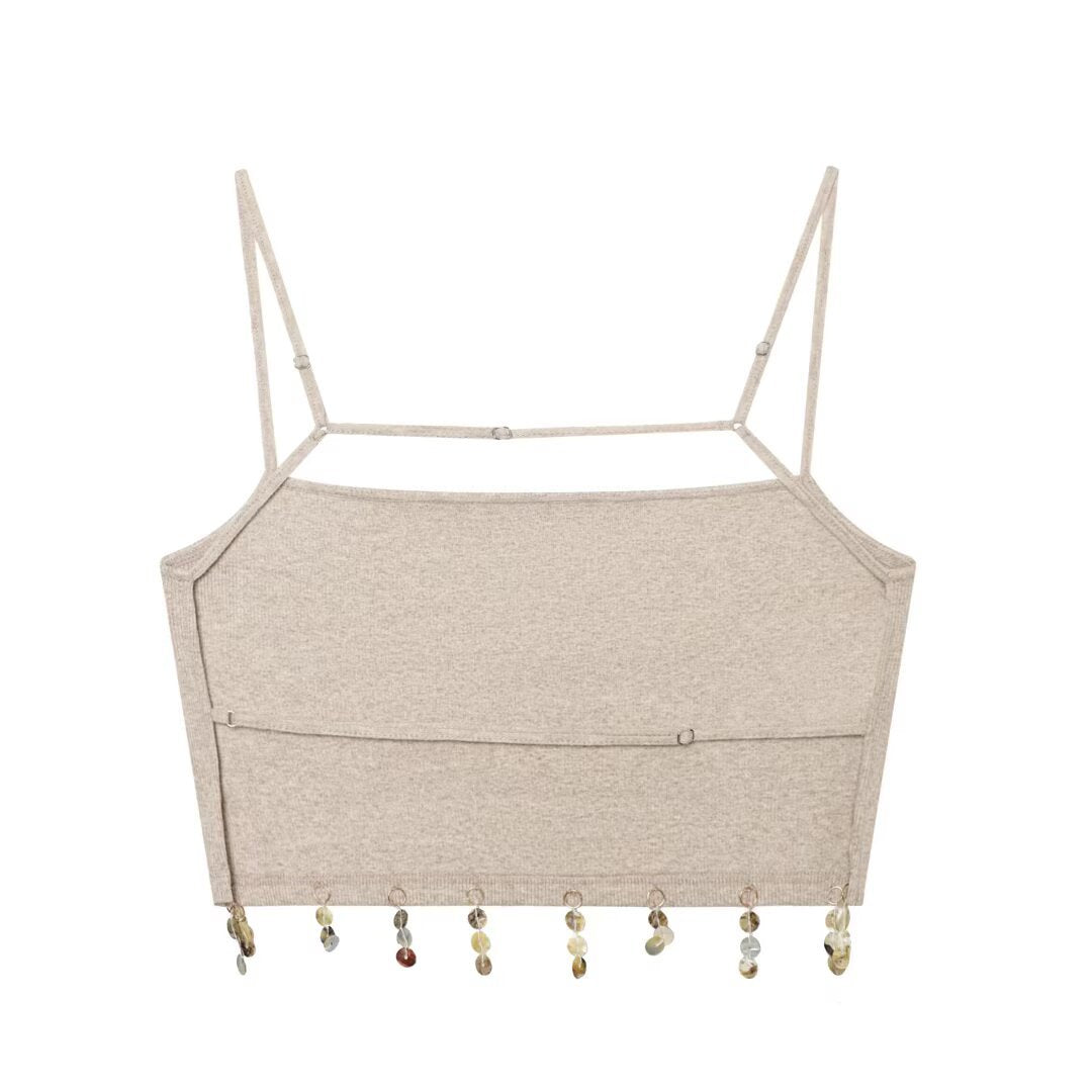 Dame Cropped Top med fine stropper og glitrende kant Skovae