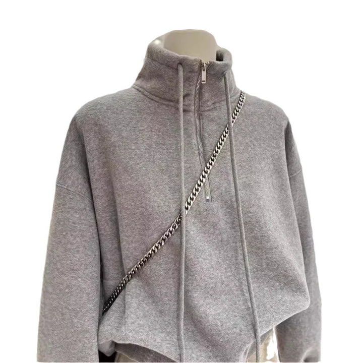 Dame Cropped Zip-Up Fleece Hoodie med justerbar snor Stilla