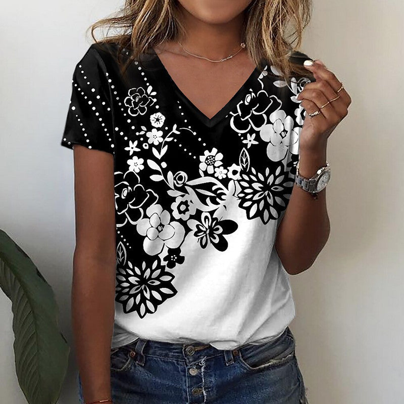 Dame T-shirt med blomstermønster og elegant V-udskæring Stilla