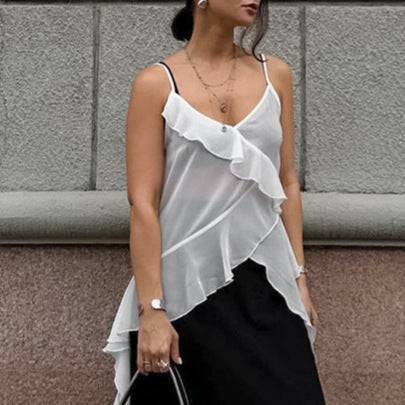Dame Chiffon-top med asymmetrisk flæse-design og spaghetti-stropper Stilla