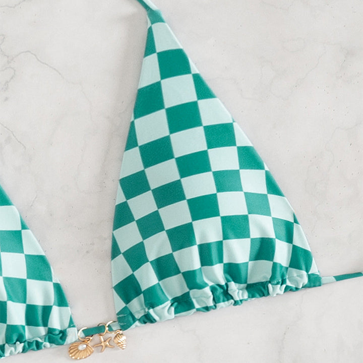 Dame triangel-bikini med moderne ternet design og justerbare bånd Skovae