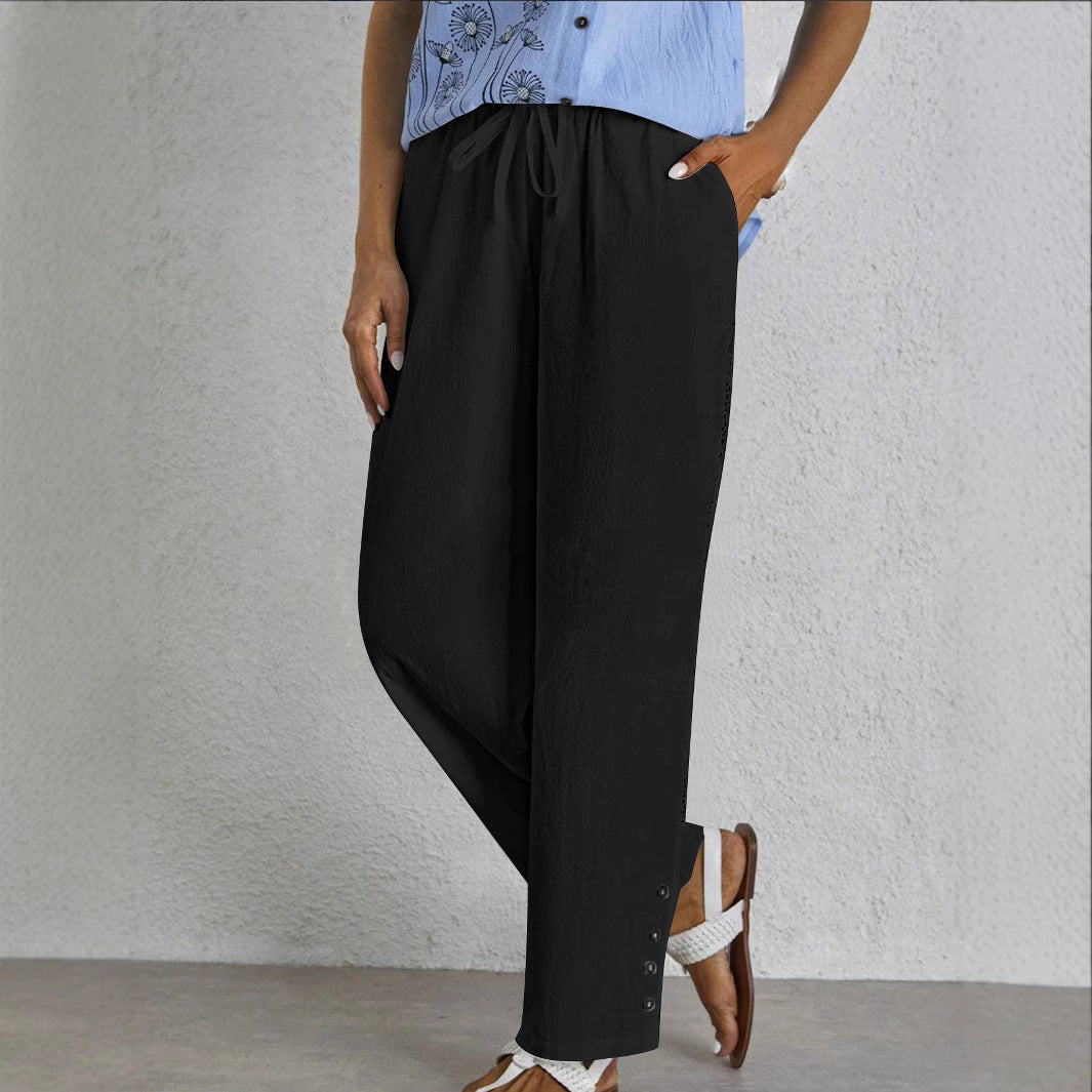 Dame Relaxed Fit Elastisk Taljebukser med Knapdetaljer Stilla