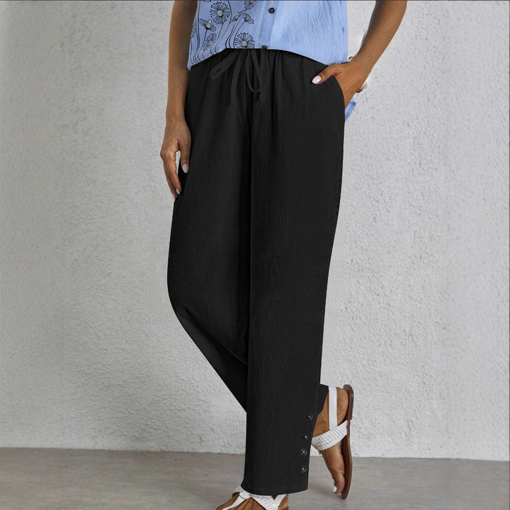 Dame Relaxed Fit Elastisk Taljebukser med Knapdetaljer Stilla