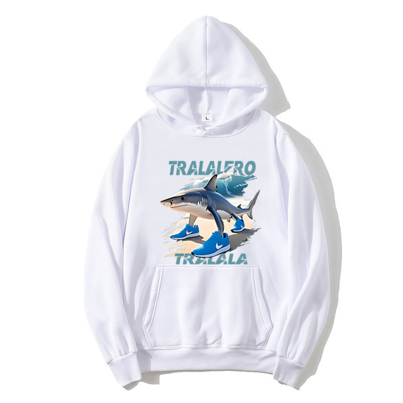Dame hoodie med sjov hajmotiv og grafiske elementer Skovae