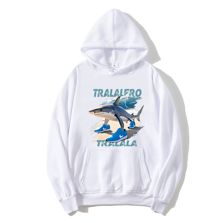 Dame hoodie med sjov hajmotiv og grafiske elementer Skovae