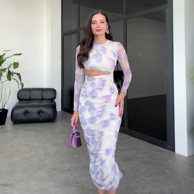 Dame trendy sæt med langærmet top og kropsnær nederdel Skovae