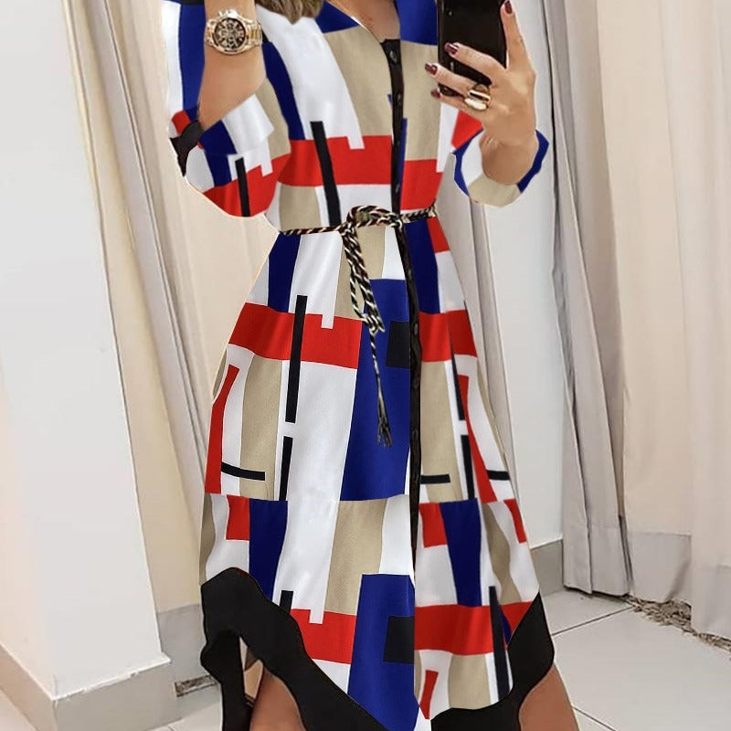 Dame Stribet Button-Up Midi Kjole med Bælte-Detalje Stilla