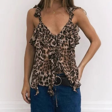 Dame top med flæsedetaljer og leopardmønster Stilla