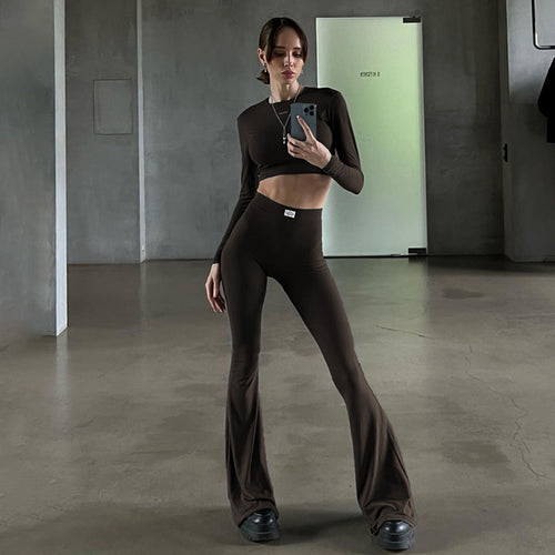 Dame Langærmet Cropped Top og Flared Bukser Sæt Skovae