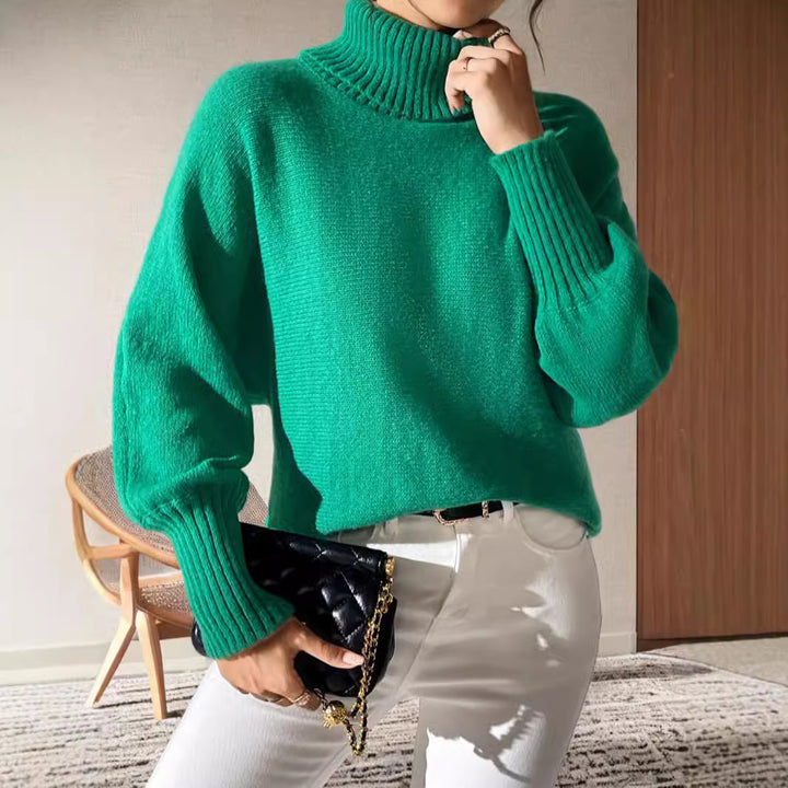 Kvinders afslappede turtleneck sweater med voluminøse ærmer og fint strikket mønster Stilla