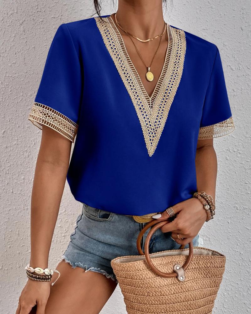Dame elegant spids dekoreret V-hals bluse Stilla