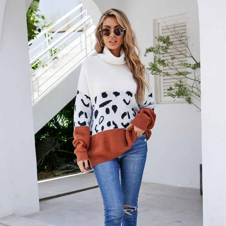 Kvinders fashionable hyggelig pullover med høj krave og dyremønster Stilla