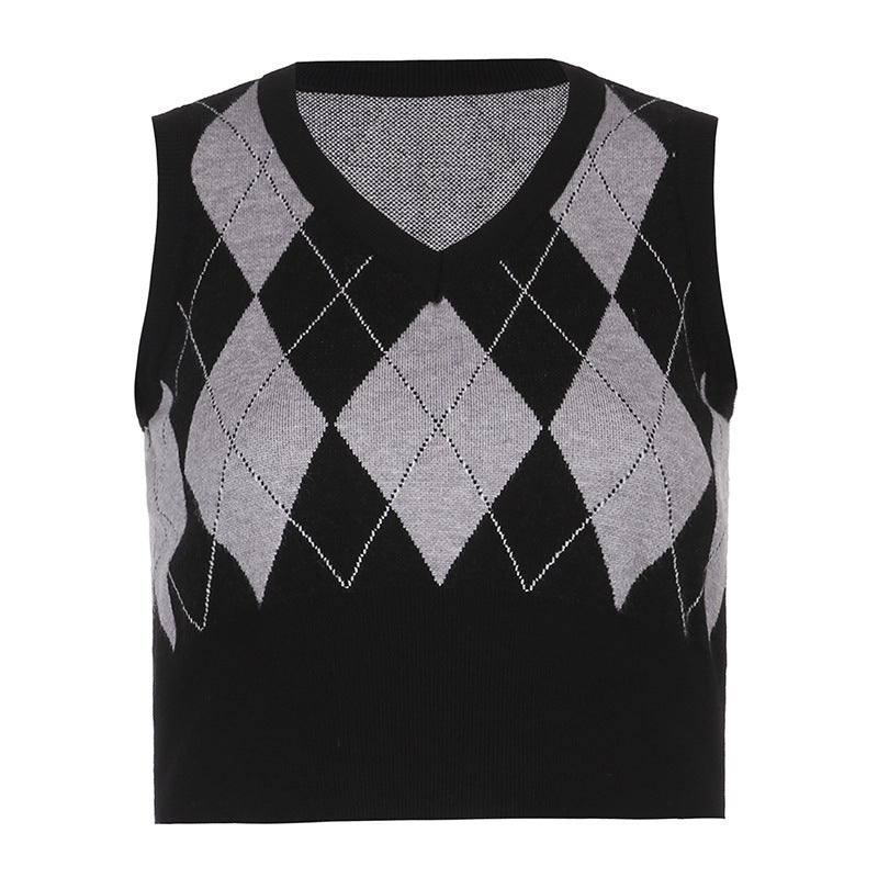 Dame cropped striktop med moderne rhombemønster Skovae