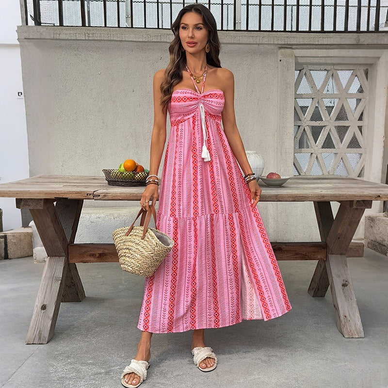 Damen Maxi-Strandkleid mit elastischem Oberteil und verspieltem Muster Skovae