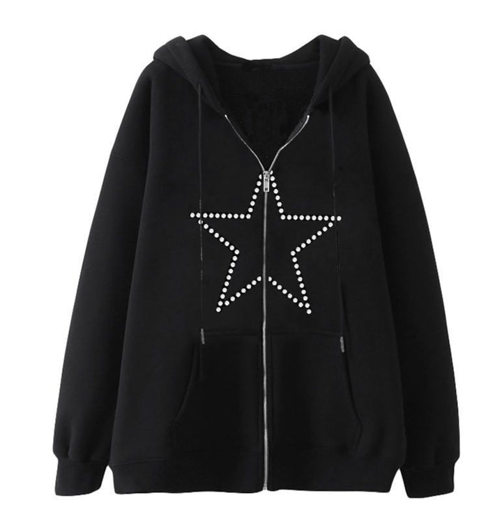 Kvinders hoodie jakke med glitrende edderkop mønster og praktiske lommer Skovae