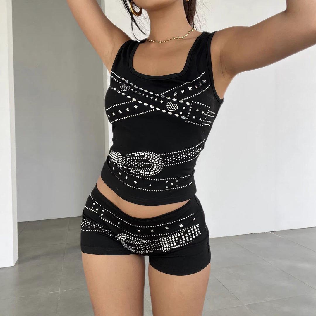 Damen ärmelloses Top mit Glitzer-Design und U-Ausschnitt Skovae