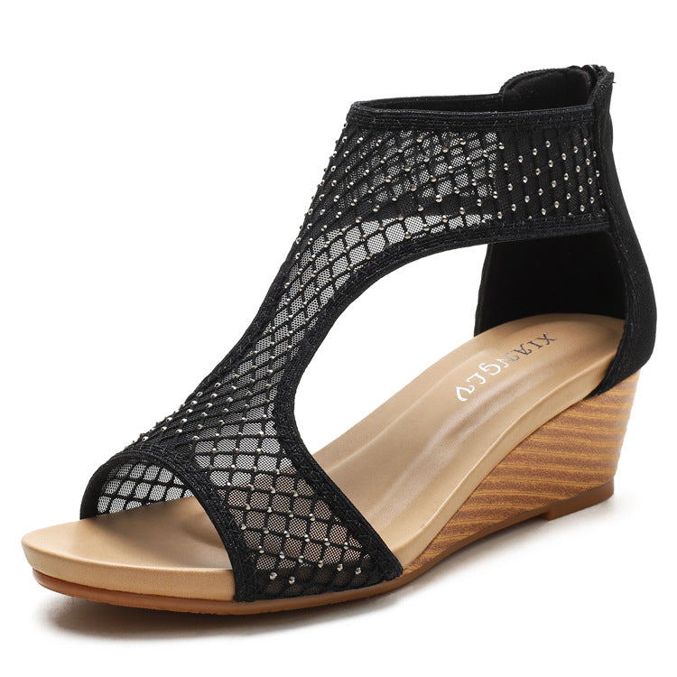 Damer Open-Toe Wedge Sandaler med netmønster og glimmersten-applikationer Stilla