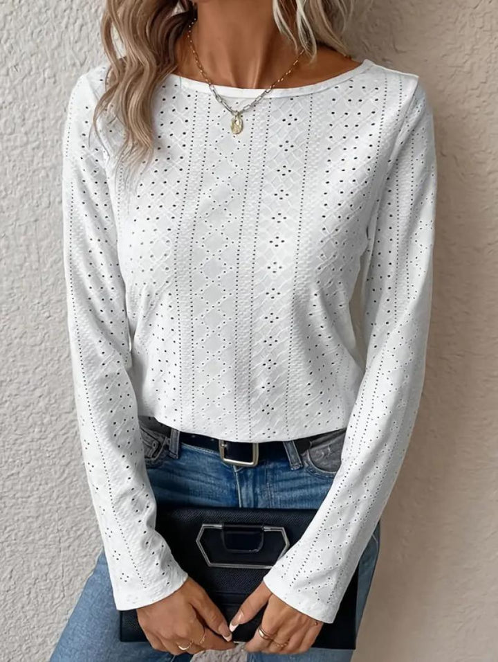Dame Longsleeve-T-Shirt med hulmønster og rund halsudskæring Stilla