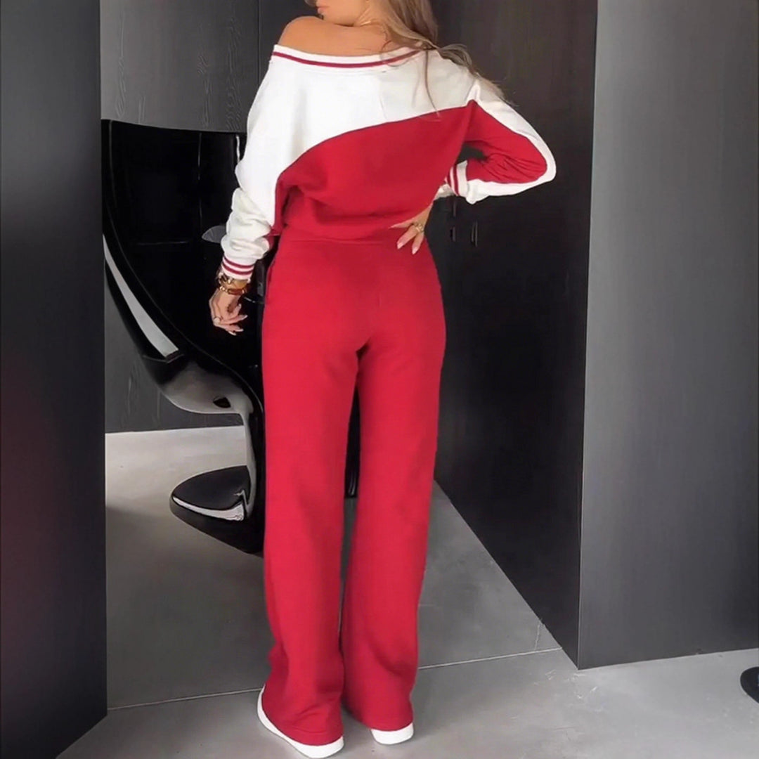 Dame nan sporty-elegant to-delt sæt lavet af bomuldsblanding med V-udskæring sweatshirt og højskåret flared bukser Skovae