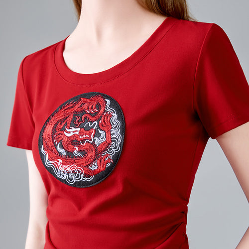 Dame T-Shirt med farverig dragebroderi Stilla