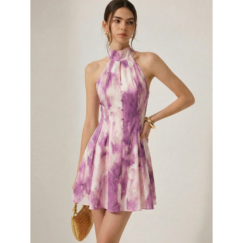Damen Sommerliches Minikleid mit hochgeschlossenem Kragen und verspieltem Farbverlauf Skovae