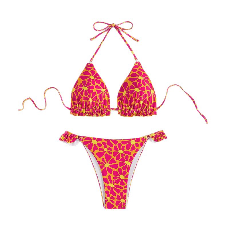 Dame Triangel-Bikini-sæt med blomster-rüschdetaljer og høj pasform Stilla