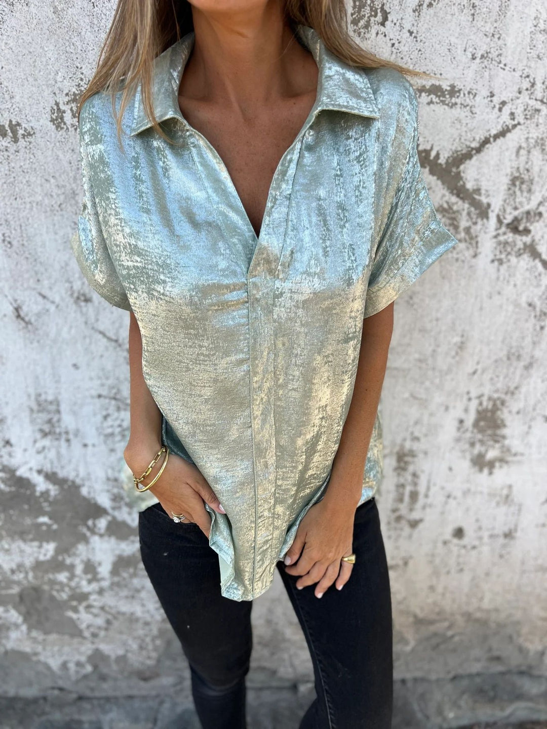 Damer Elegant Kortærmet Bluse i skinnende materiale Stilla