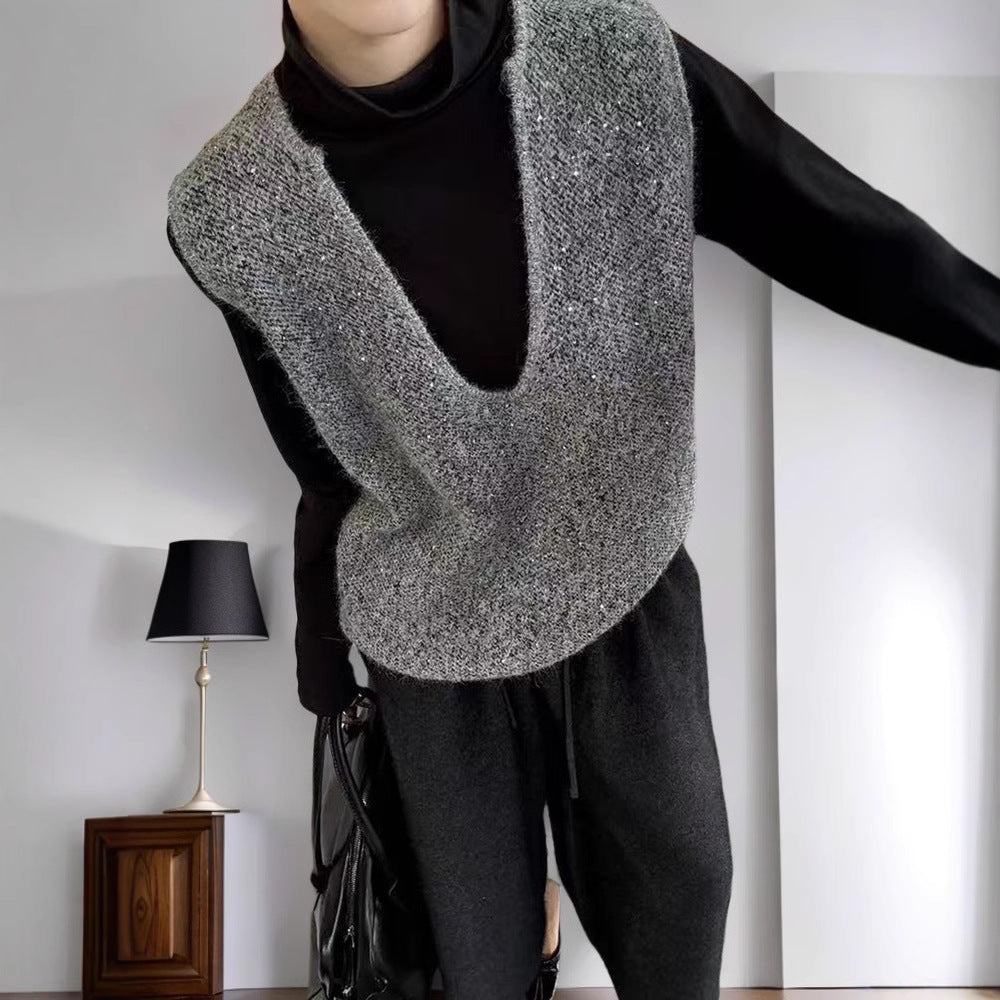 Dame fashionable strikket vest med dyb V-hals og kreativ skæring Stilla