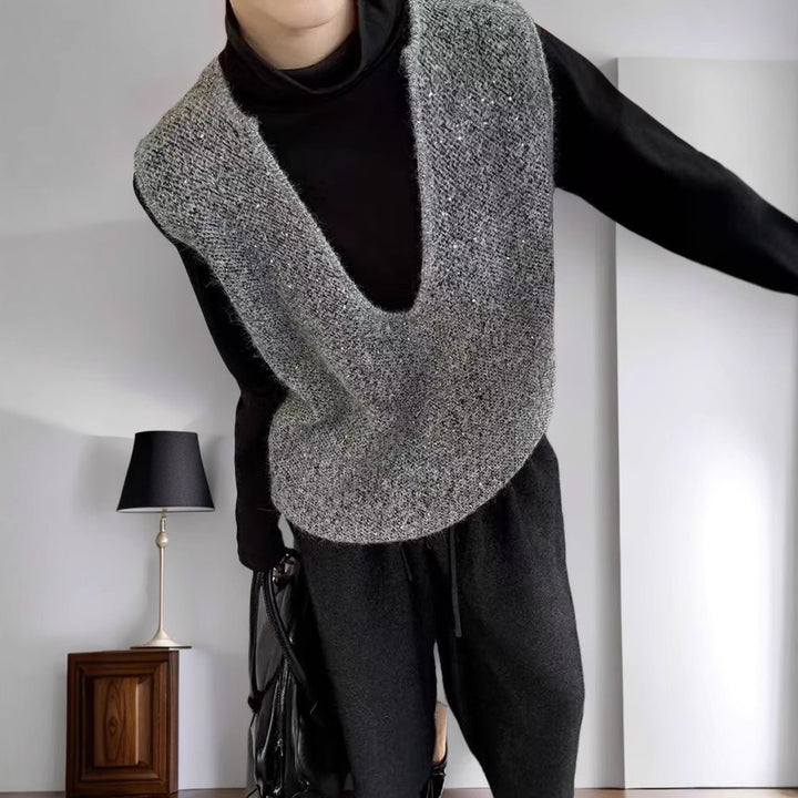 Dame fashionable strikket vest med dyb V-hals og kreativ skæring Stilla