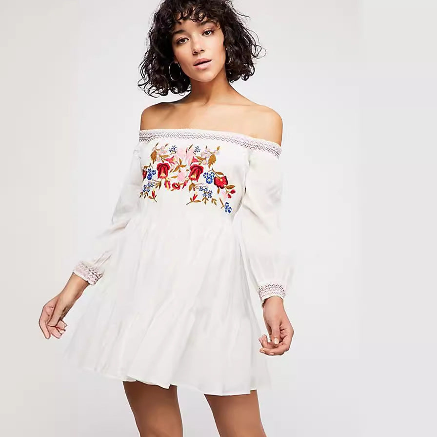 Damer Off-Shoulder Kjole med blomsterbroderi og elastiske ærmer Stilla