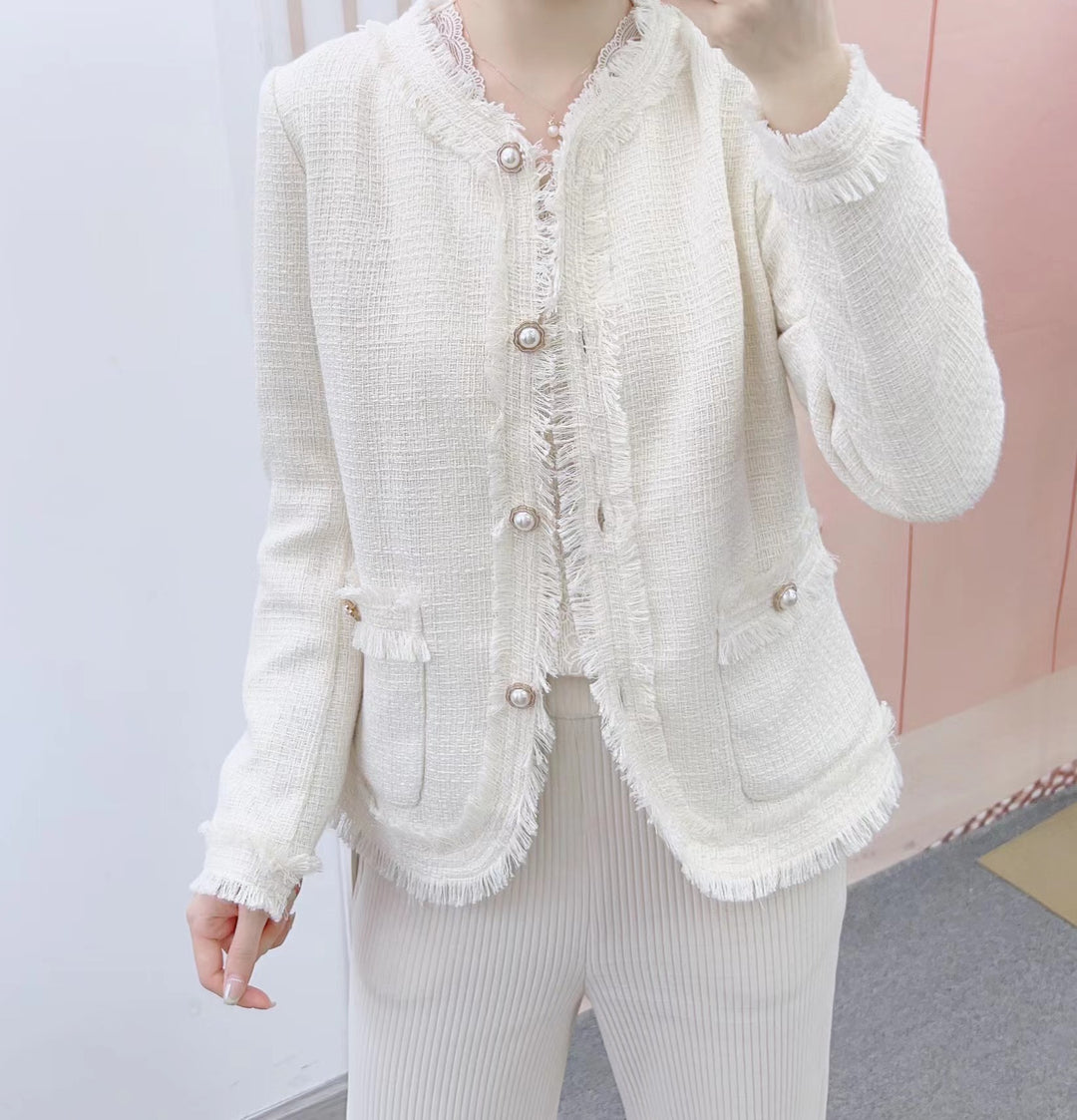 Dame elegant Boucle-jakke med frynser og perleknapper Stilla