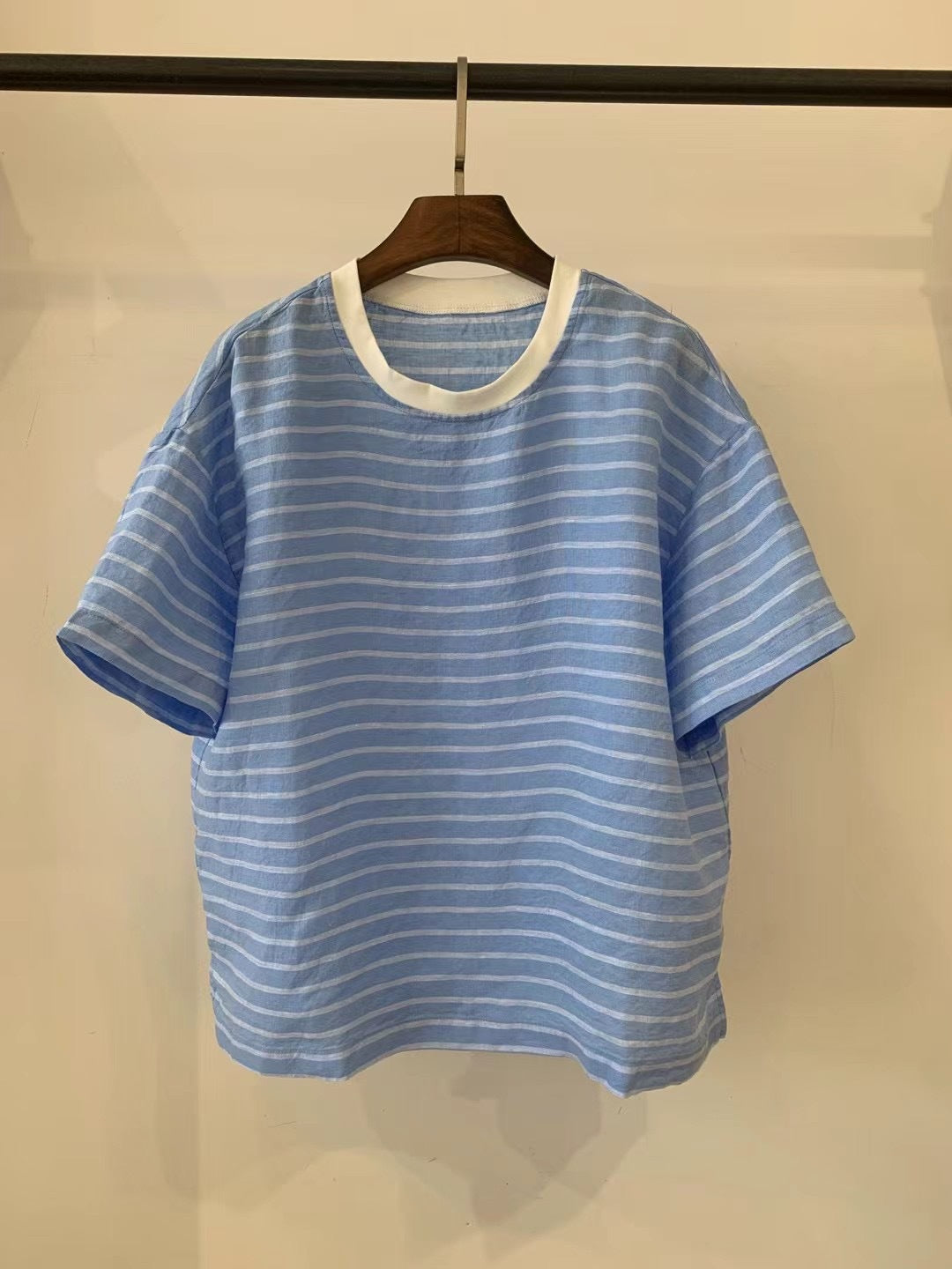 Dame Stribet Bomulds-T-Shirt med Kontrastbetræk Stilla