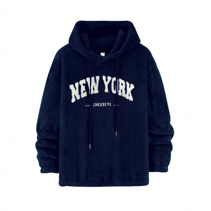 Unisex nan hyggelig fleece-hættetrøje med chenille-logo, hætte og elastisk bund Skovae