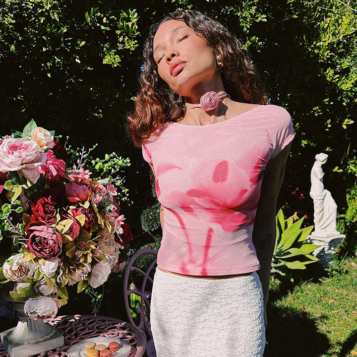 Dame Crop-Top med blomsterdesign Skovae