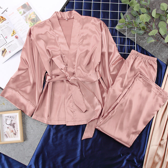 Dame Satin Pyjamas Sæt med elegant Kimono Overdel og brede Bukser Stilla
