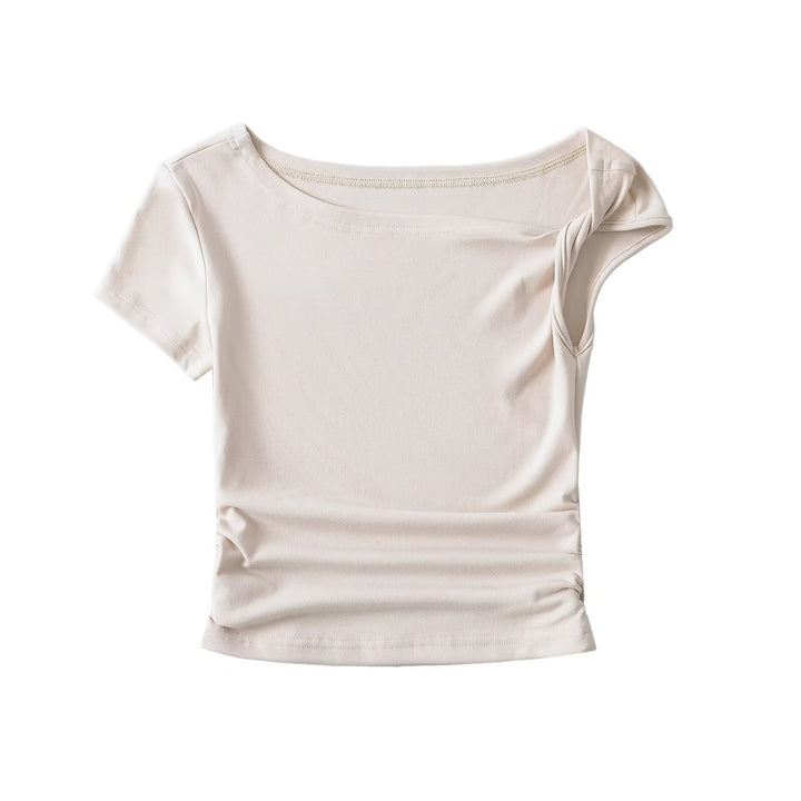 Dame tætsiddende T-shirt med asymmetrisk udskæring og rynkning Stilla