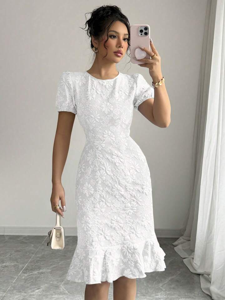 Dame Puffærmet Blomster Bodycon Kjole Stilla