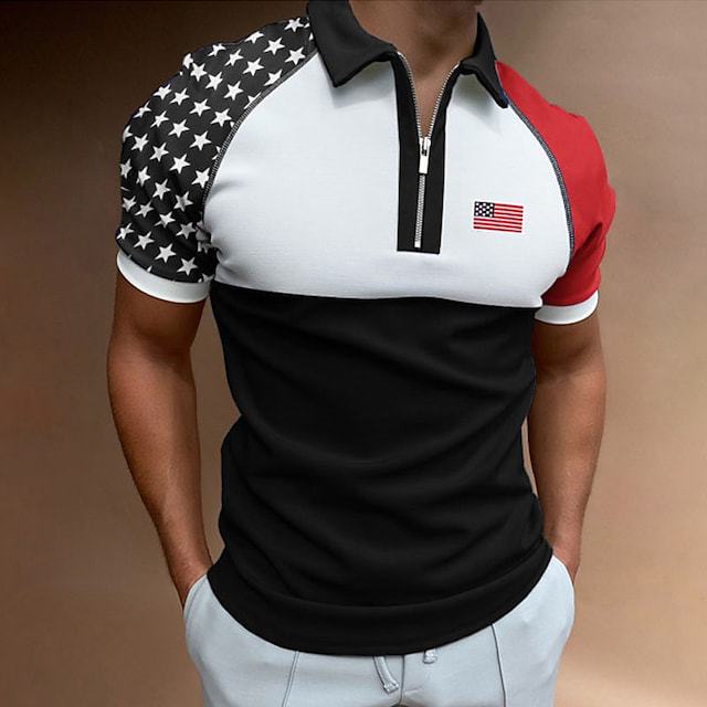 Herrer Zip-Up Performance Polo-Shirt med amerikansk flag-applikation Stilla