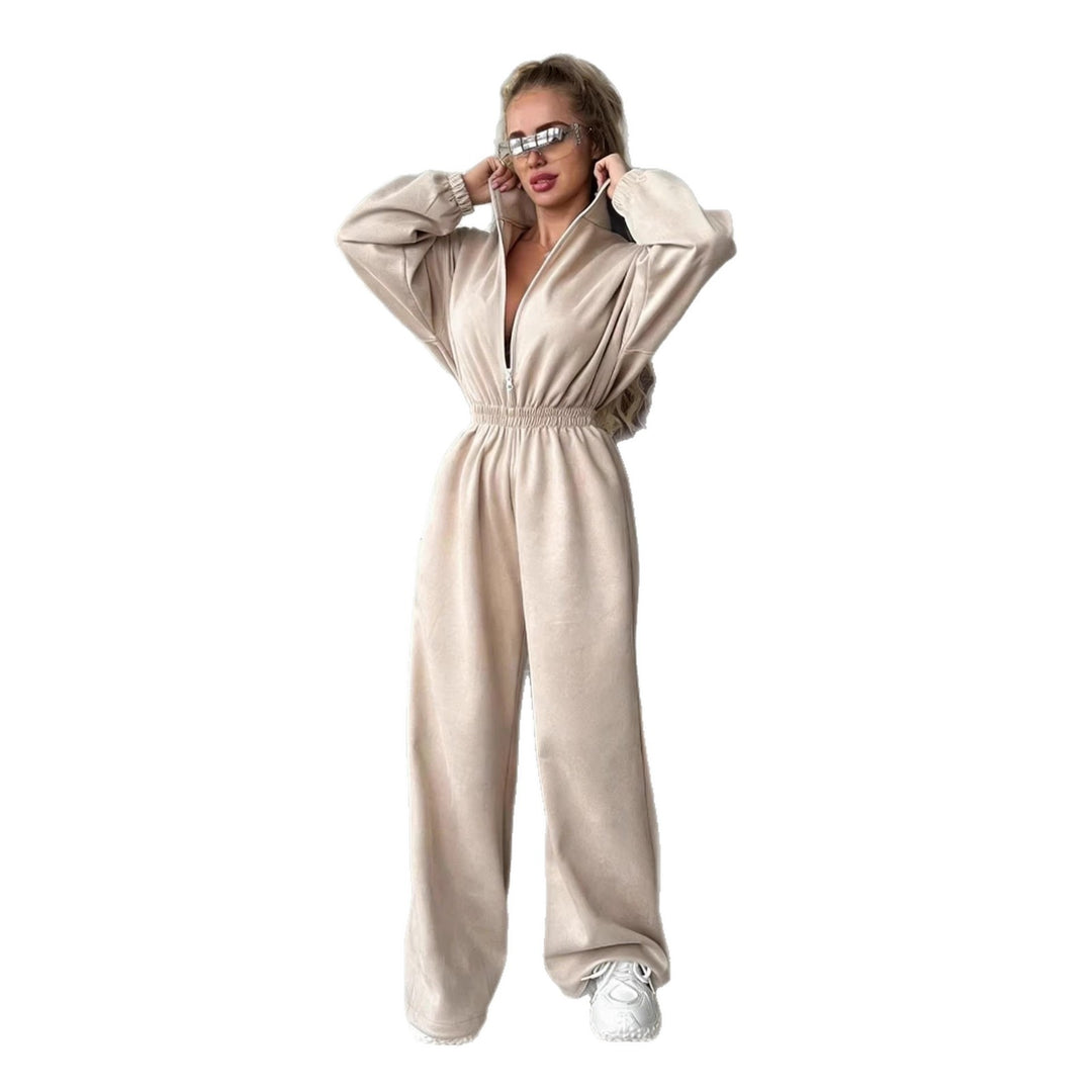 Kvinders fleece jumpsuit med høj krave og elastisk bånd