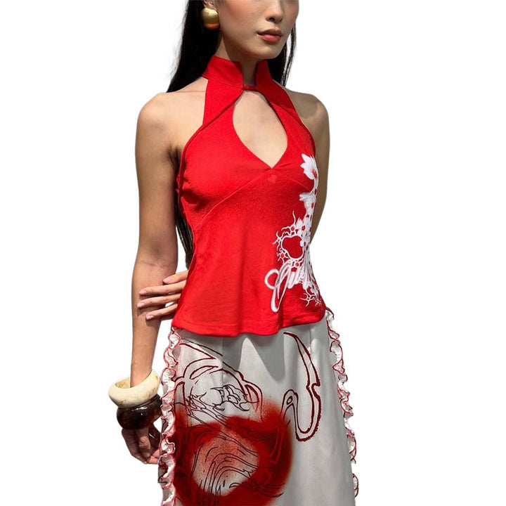 Dame elegant Maxi-kjole med raffineret halter-design og unikt tryk Stilla