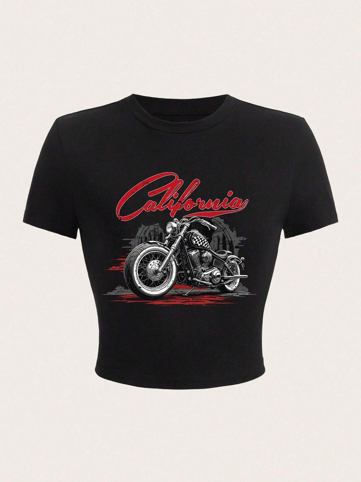 Dame Korte ærmer T-shirt med iøjnefaldende motorcykel-design Skovae