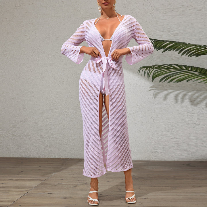 Dame Elegant Gennemsigtig Stribet Strand Overgangsfrakke Stilla