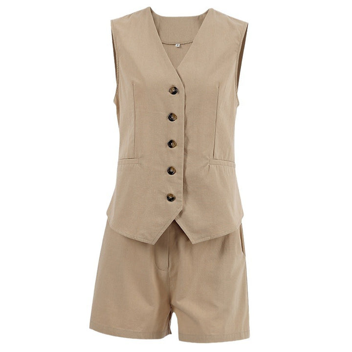 Dame Sommerlig Blazer- og Shorts-sæt med lommer og elegant knaplukning Stilla